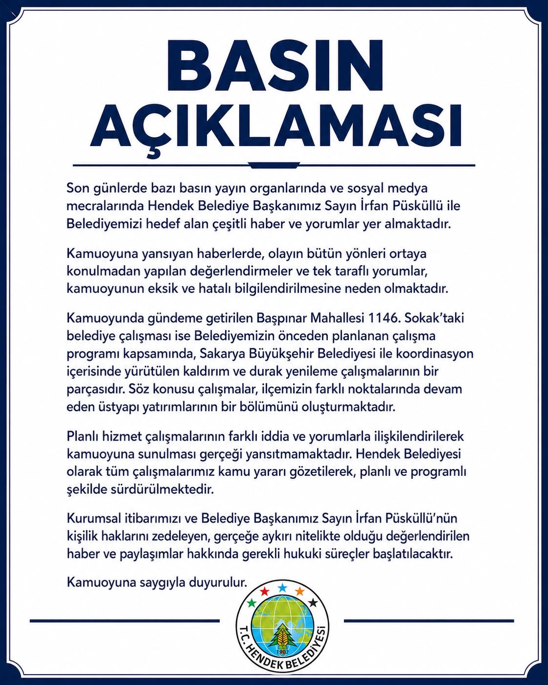 HENDEK BELEDİYESİNDEN BASIN AÇIKLAMASI