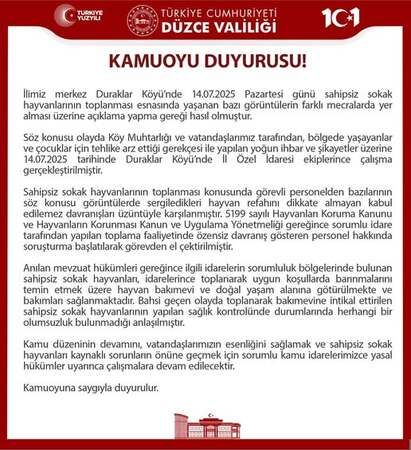 Düzce Valiliği sahipsiz köpekler haberleri için kamuoyu açıklaması yaptı