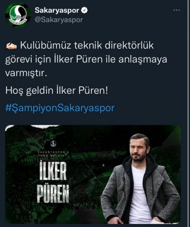 Sakaryaspor’da Tuncay Şanlı’dan boşalan koltuk İlker Püren’e verildi
