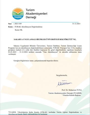 SUBÜ Turizm İşletmeciliği’ne tam akreditasyon
