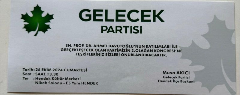 Ahmet Davutoğlu Hendek ilçe Kongresi için Sakarya’ya geliyor