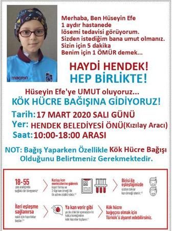 Lösemi hastası Hüseyin Efe için kök hücre kan aranıyor