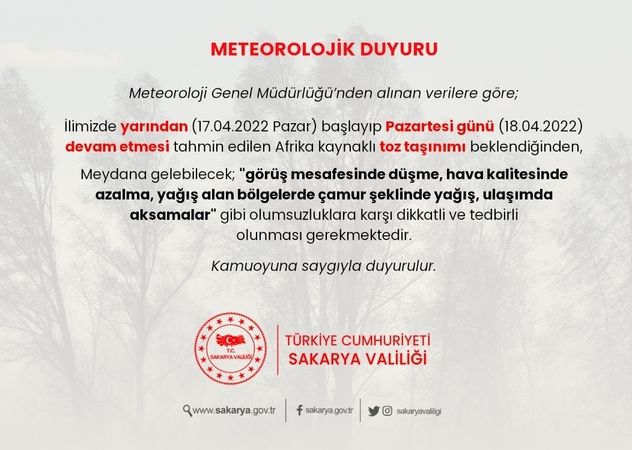 Valilik uyardı toz bulutu geliyor