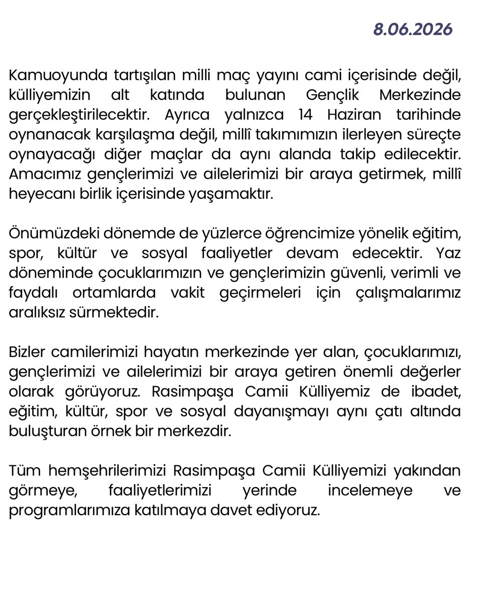 RASİMPAŞA CAMİİ KÜLLİYESİ’NDEKİ PROGRAMA YÖNELİK ELEŞTİRİLERE AÇIKLAMA